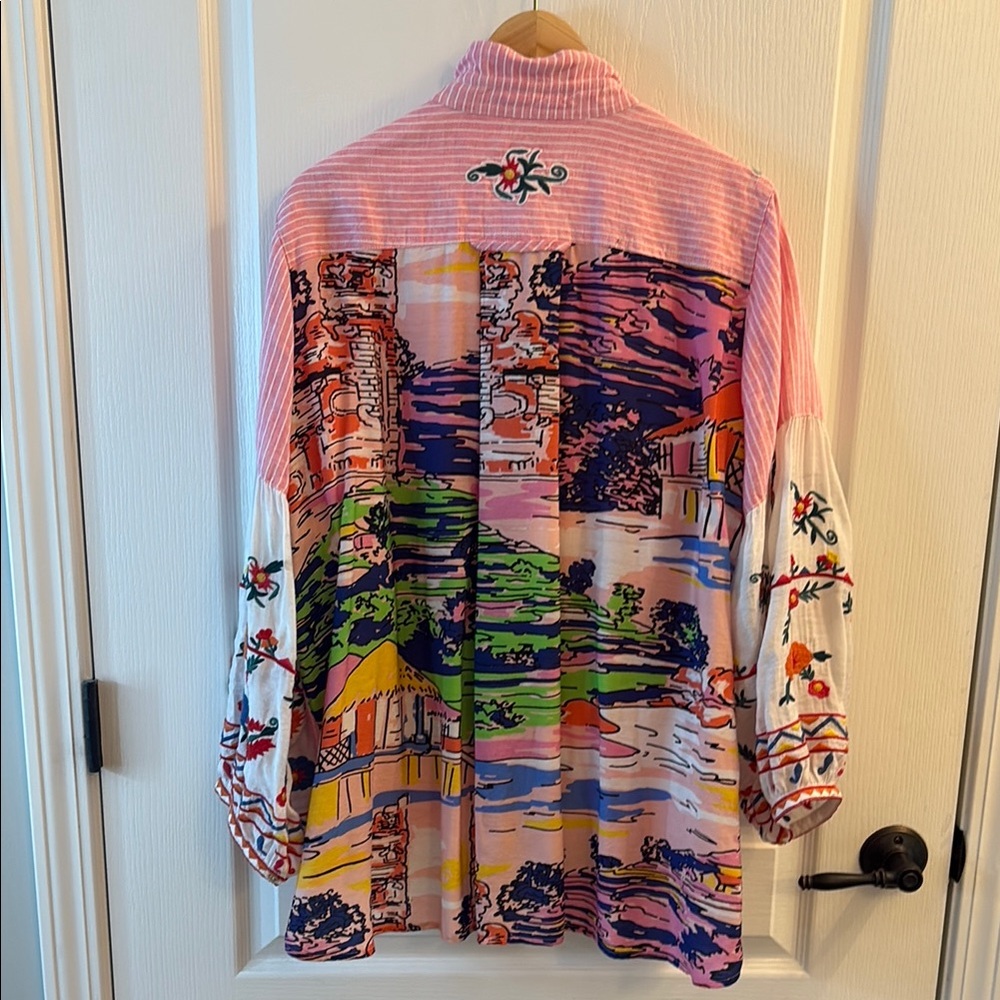 Striped Pink Blouse with Embroidered Sleeves